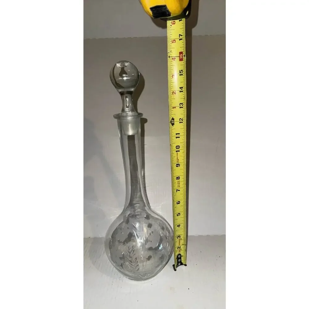 Vintage Excellent Condition Long Necked Etched Floral Design Decanter